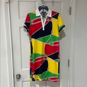 Short Collar Mini Dress in Red, Yellow, Green & Navy